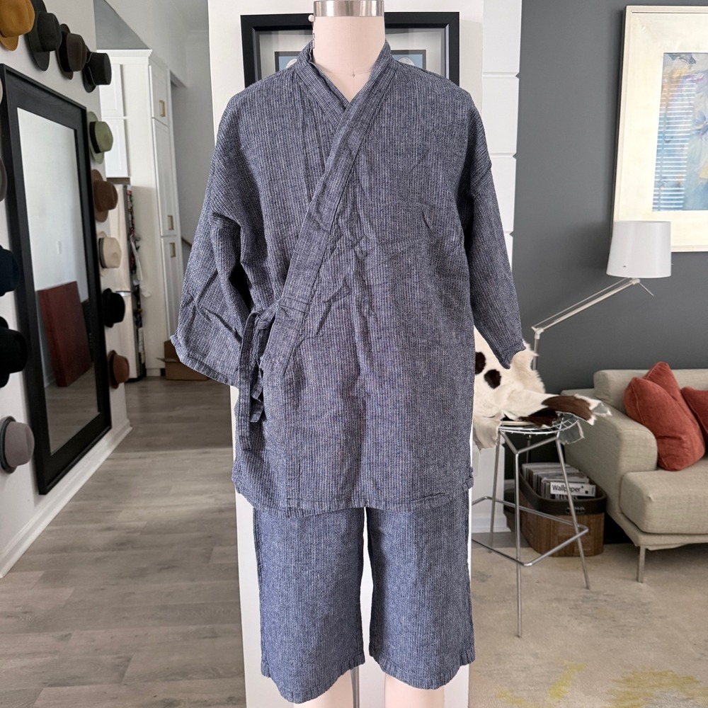 Mens Japanese Jinbei Set Navy Blue Pinstripe Cotton Kimono Yukata Lounge Large
